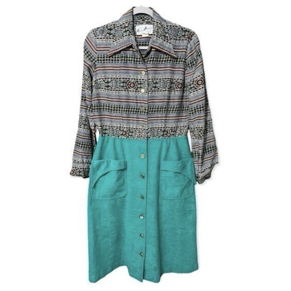 Herman Marcus Dallas Retro Boho‎ Midi Dress Button Front Pockets Teal Size 16